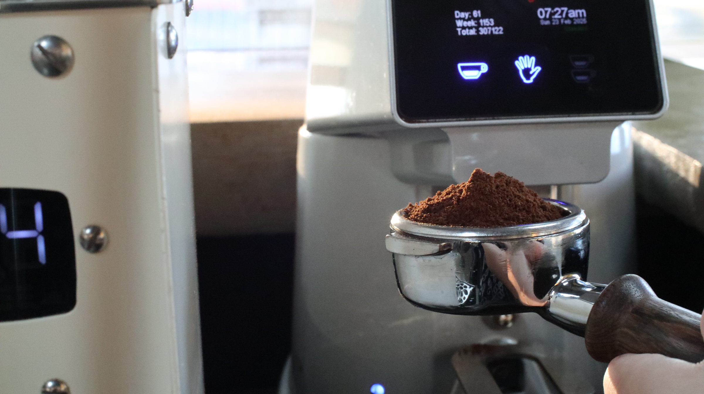 Close up of freshly ground espresso in a portafilter